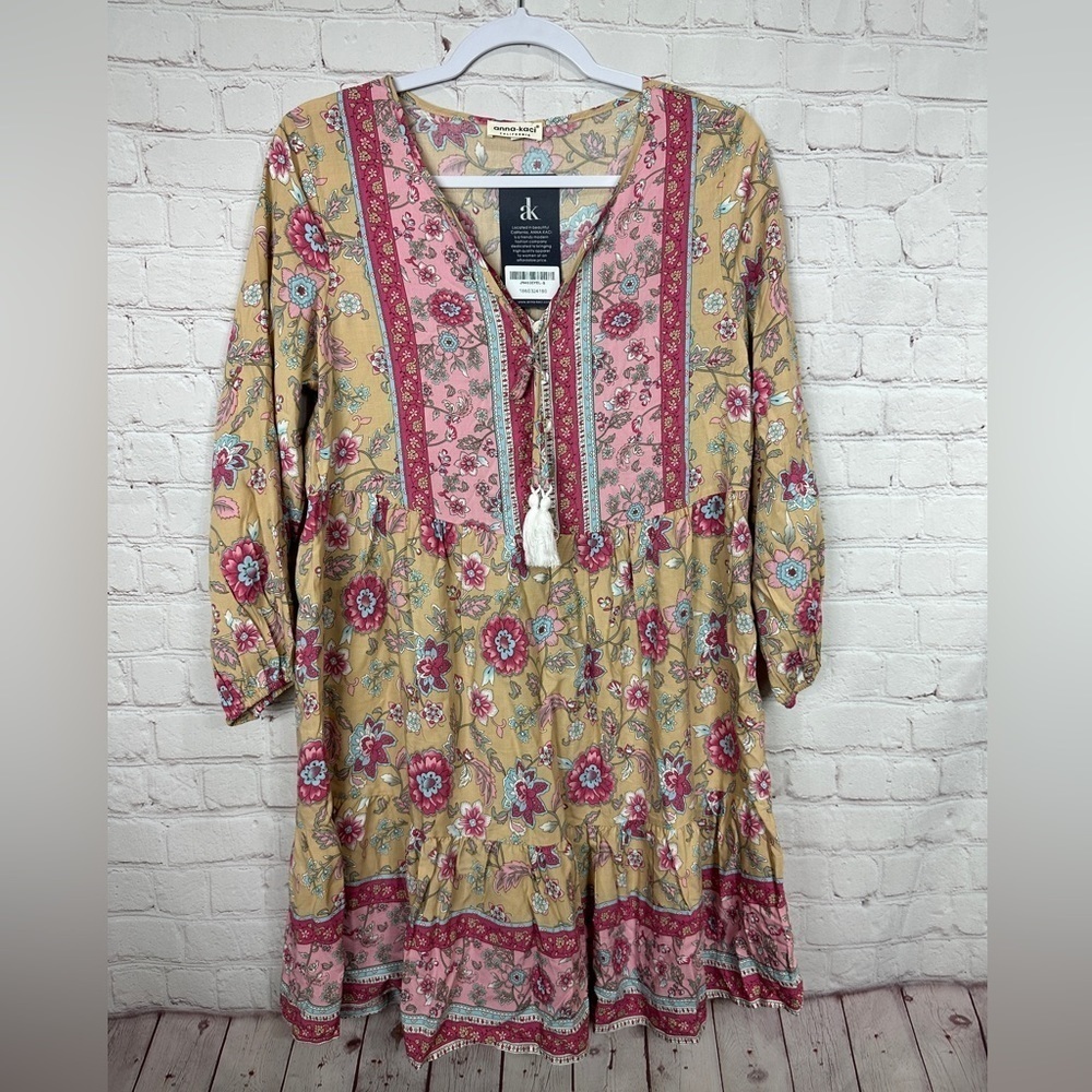 Anna-Kaci Long Sleeve Tassel Tie Boho‎ Floral Viscose Dress Womens Small NWT